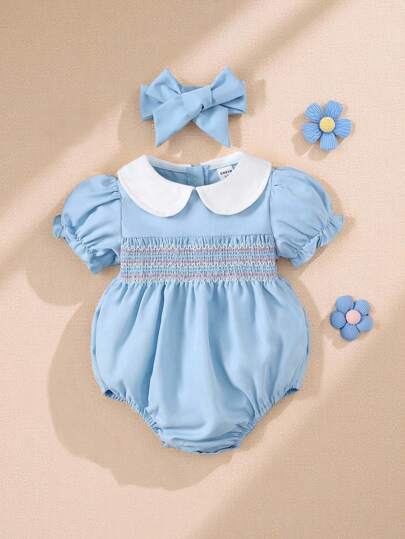 Souflis Souflis Baby Mädchen Stehkragen Geraffter Kurzarm Strampler mit Stirnband, süßes & elegantes Party-Outfit, Baby Mädchen Einteiler, Frühling/Sommer