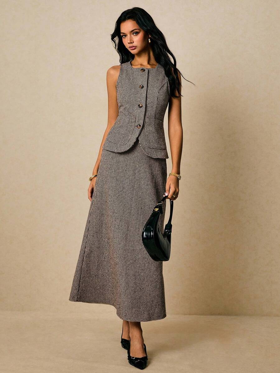 Poéselle 女式复古全印花纽扣前背心和迷你裙套装，夏季 - 棕色 - 查看 1