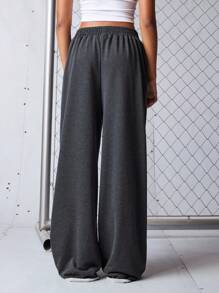 SHEIN Sports 女士松紧腰侧口袋宽松休闲运动阔腿裤 - 黑色 - 查看 4