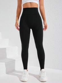 SHEIN Sports 女士无缝高腰塑身高弹力紧身裤 - 黑色 - 查看 3