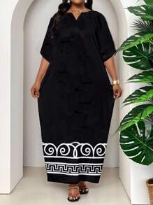 SHEIN Lady 春夏秋冬优雅黑白编织缺口长袍连衣裙加大码连衣裙邮轮装女装 - 彩色 - 查看 4