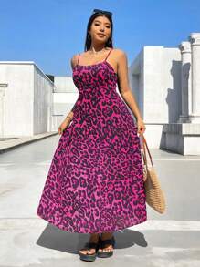 SHEIN EZwear Plus Size Leopard Print Sleeveless Backless Dress With Adjustable Waist And Hidden Zipper, Spring/Summer,Summer Dresses For Women,Maxi Dress