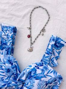 SHEIN 少女蓝白瓷花卉印花扭纹前 V 领无袖连体泳衣，适合海滩度假，优雅，波西米亚风/复古风 - 淺藍色 - 查看 3