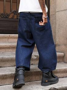 PAVTROS Manfinity Streetrush Modern Men's Navy Blue Denim Wide Leg Pants. Elevate Your Street Style With These Avant-Garde Baggy Jeans, Crafted For A Distinctive And Comfortable Oversized Fit. - Navy Blue - View 2