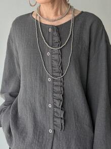 FRIFUL 女士宽松圆领长袖纯色深灰色前襟纽扣荷叶边后背褶裥设计休闲衬衫，适合正式和商务休闲场合的秋季上衣 - 灰色 - 查看 5