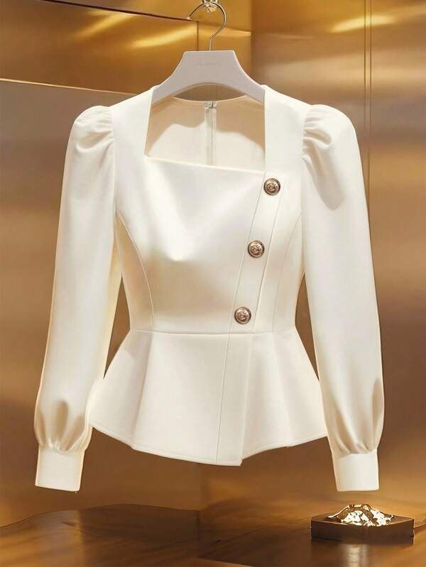 GlowEve Damesblouse met asymmetrische kraag, pofmouwen, lange mouwen en effen kleur, lente/zomer