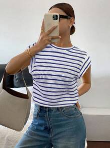 Siren Gaze Women's Casual Stripe Pattern Batwing Sleeve Loose T-Shirt, Summer - Blue and White - View 5