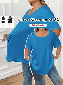 SHEIN CURVE+ Curve 大码/秋装/秋季女装/女士冬装/冬装大码纯色圆领休闲短袖 T 恤，夏季 - 藍色 - 查看 1