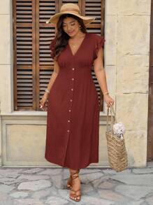 SHEIN Frenchy 大码优雅V领双层盖袖度假连衣裙 - 棕色 - 查看 5