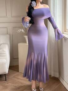 Modelyn 女士优雅露肩渐变色美人鱼连衣裙