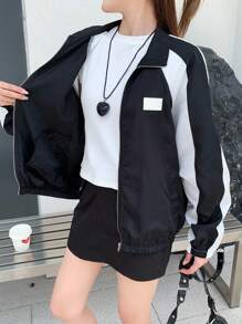 SHEIN 青少年女孩黑白春季拼色插肩袖下摆拉链风衣夹克，返校季