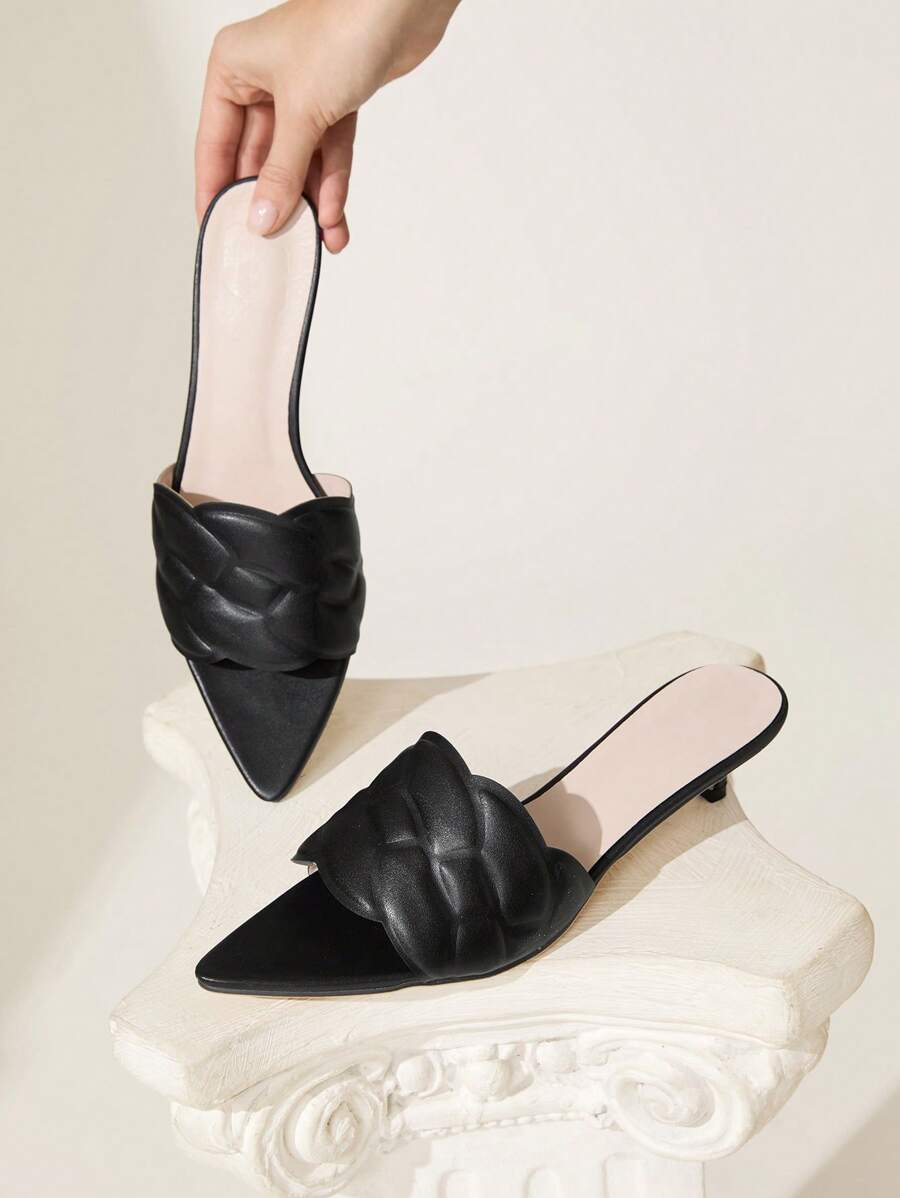 CUCCOO CHICEST Women's Elegant Casual Minimalist All-Match Black Faux Leather Pointed Toe Kitten Heel Sandals, Suitable For Workplace, Holiday, Beach, Versatile, Halloween - Black - View 1