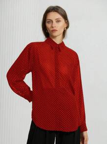 Aveloria Modichic 简约黑白波点雪纺透明领长袖衬衫，百搭春夏女士 - 紅色 - 查看 3