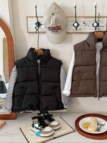 SHEIN Tween Girls' All-Match Black Quilted Padded Vest, Comfortable & Versatile,In Fall/Winter - Black - View 1