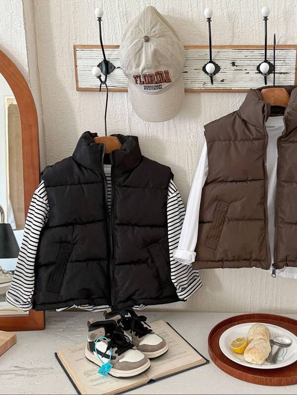 SHEIN Tween Girls' All-Match Black Quilted Padded Vest, Comfortable & Versatile,In Fall/Winter