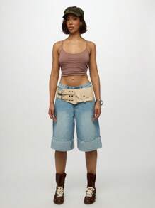 SUMWON WOMEN 阔腿长款牛仔短裤高腰卷边磨边宽松百慕大牛仔短裤夏季海滩节度假宽松街头服饰 - 藍色 - 查看 3