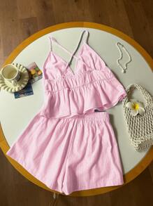 Comfortcana 女士夏季休闲条纹吊带背心和短裤套装 - 粉色 - 查看 2