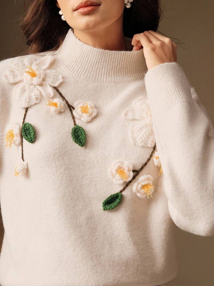 Elegant High Collar Wool Sweater With 3D Camellia Floral Design, Stylish Fashion For Autumn/Winter