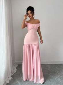 Elenzga Women's Off Shoulder Elegant Contrast Mesh Dress, Summer - Pink - View 5