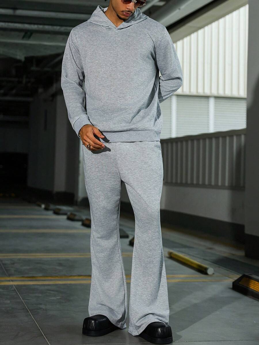 Manfinity Homme Bộ đồ 2 món cho nam: Áo hoodie dài tay màu trơn và quần ống loe, Bộ đồ thường ngày cho nam Bộ đồ phối đồ nam Bộ đồ chạy bộ cho nam Bộ đồ áo và quần thường ngày cho nam Bộ đồ 2 món cho nam, Món quà tuyệt vời cho bạn trai, Trở lại trường học - Xám - Xem 1