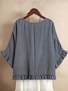 Linhara Women Plus Size Solid Color Round Neck Batwing Sleeve Loose Ruffle Hem Blouse