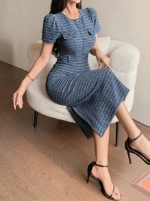 DAZY 女士休闲条纹圆领泡泡袖牛仔连衣裙 夏季女装长裙 - 中等水洗藍 - 查看 7