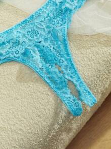 SpicyHot 2 件女士蕾丝透明钢圈性感内衣套装，蕾丝文胸和丁字裤套装，外出 - 薄荷綠 - 查看 7