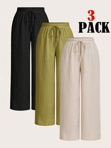 SHEIN Essnce Plus Women's Summer Vacation Business Casual Woman Office New Style Fashion Casual Commuting Vacation Light Breathable Comfortable 3 Pieces Loose Wide-Leg Pants, Seaside Pants - Khaki - View 1