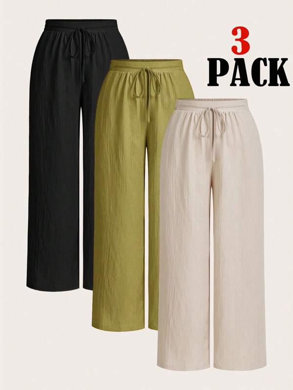 SHEIN Essnce Plus Women's Summer Vacation Business Casual Woman Office New Style Fashion Casual Commuting Vacation Light Breathable Comfortable 3 Pieces Loose Wide-Leg Pants, Seaside Pants