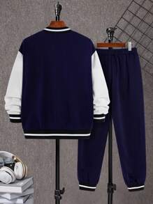Tween Boys Navy Blue Baseball Jacket,Hoodie & Pants Set,Casual Back-To-School Uniform,Soft Fabric Comfortable Autumn Stylish Outfit For School Wear - Blue - View 3