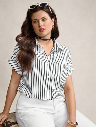 Plus Striped Print Button Front Shirt, Summer