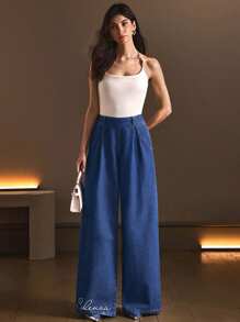 SHEIN BAE Quần Jeans Ống Rộng Thêu Chữ Thường Ngày Cho Nữ - Màu xanh lam - Xem 7