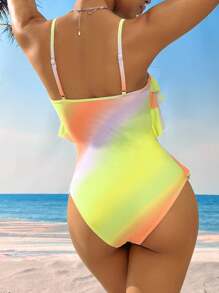Swim Vcay Women's Fresh & Romantic Multi-Layer Ruffle Rainbow Ombre Print One Piece - Lime Green - View 2