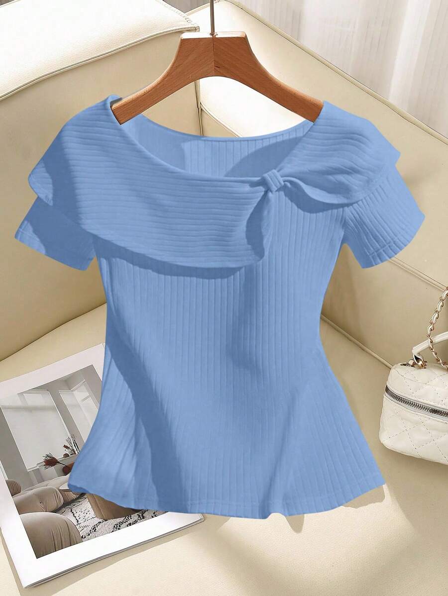 SHEIN Clasi T-shirt décontracté pour femme, couleur unie, col asymétrique, été - Bleu azur - Voir 1
