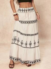 SHEIN PETITE Chân váy Maxi Boho dành cho nữ: Vải dệt, nhiều lớp và họa tiết nhiều màu - Phong cách sang trọng, bồng bềnh cho mùa hè - trắng - Xem 8