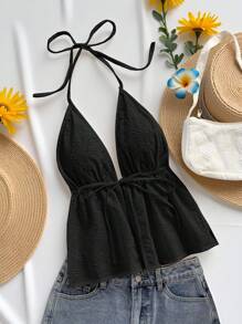 SHEIN PETITE 女士夏季休闲 V 领露背纹理面料白色背心，适合派对、节日、约会、情人节、下午茶 - 黑色 - 查看 8