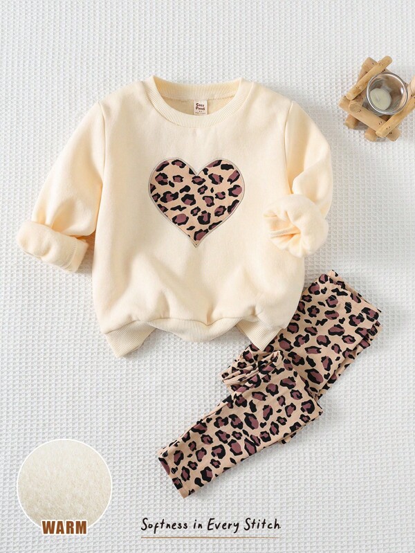 Cozy Pixies 2pcs Leopard Heart Pattern Knit Soft Crew Neck Short Sleeve Top And Elastic Waist Shorts Set, For Young Girls Girls Leopard Set Girls Leopard Outfit Girls Lounge Set Girls Comfy Set Toddler Girls Leopard Clothes Toddler Girl Leopard Clothes