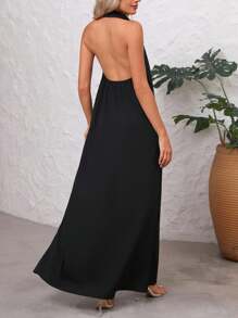 SHEIN Summer Sexy Solid Front Button Backless Dress - Black - View 2