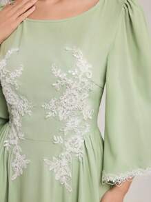 Modelyn Elegant Crew Neck Lace Applique Big Cuffs Asymmetrical Hem Waisted Women Dress, Spring/Summer - Green - View 1