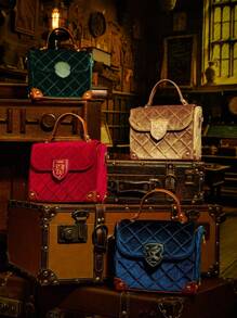 HARRY POTTER X SHEIN 1 件女式复古学院风绿色天鹅绒和 PU 皮革手提包，配有可拆卸肩带 - 綠色 - 查看 3