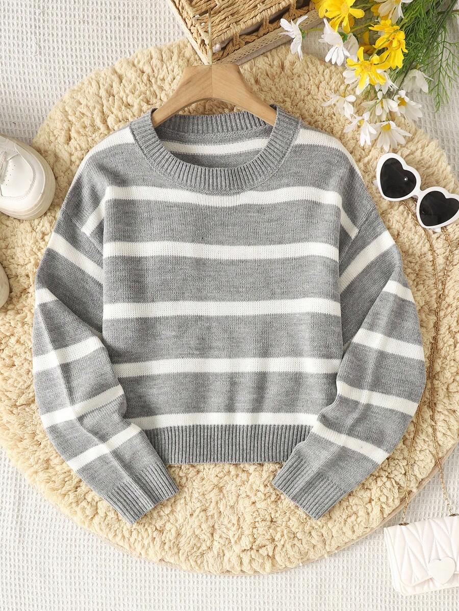 SHEIN Teens' Casual Loose Fit Colorblock Striped Round Neck Pullover Sweater Fall Winter - Grey - View 1