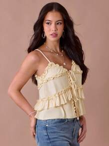 Enchnt Summer Women's Pale Yellow Elegant Ruffle Hem Bowknot Front Camisole,Sweet Fashionable Tops For Vacation,Date,Tea Party,Wedding Guest&Graduation - Apricot - View 4