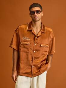 Musero 男士真丝短袖立领刺绣品牌细节衬衫纽扣前袋夏季假日休闲