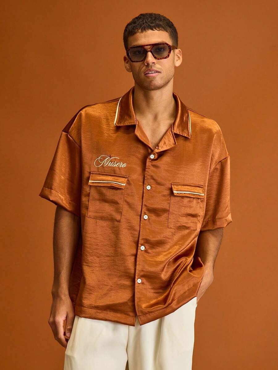 Musero 男士真丝短袖立领刺绣品牌细节衬衫纽扣前袋夏季假日休闲