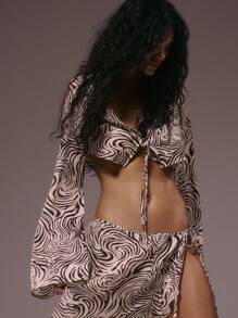 Musera Resort 印花长袖短款系带喇叭袖上衣超长系带侧边纱笼套装夏季伊比沙岛度假性感海滩浪漫优雅波西米亚风泳装紫水晶度假村 - 彩色 - 查看 2