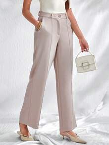 EURMUSE Women's Casual Commuting Solid High Waist Straight Leg Pants - Beige - View 4