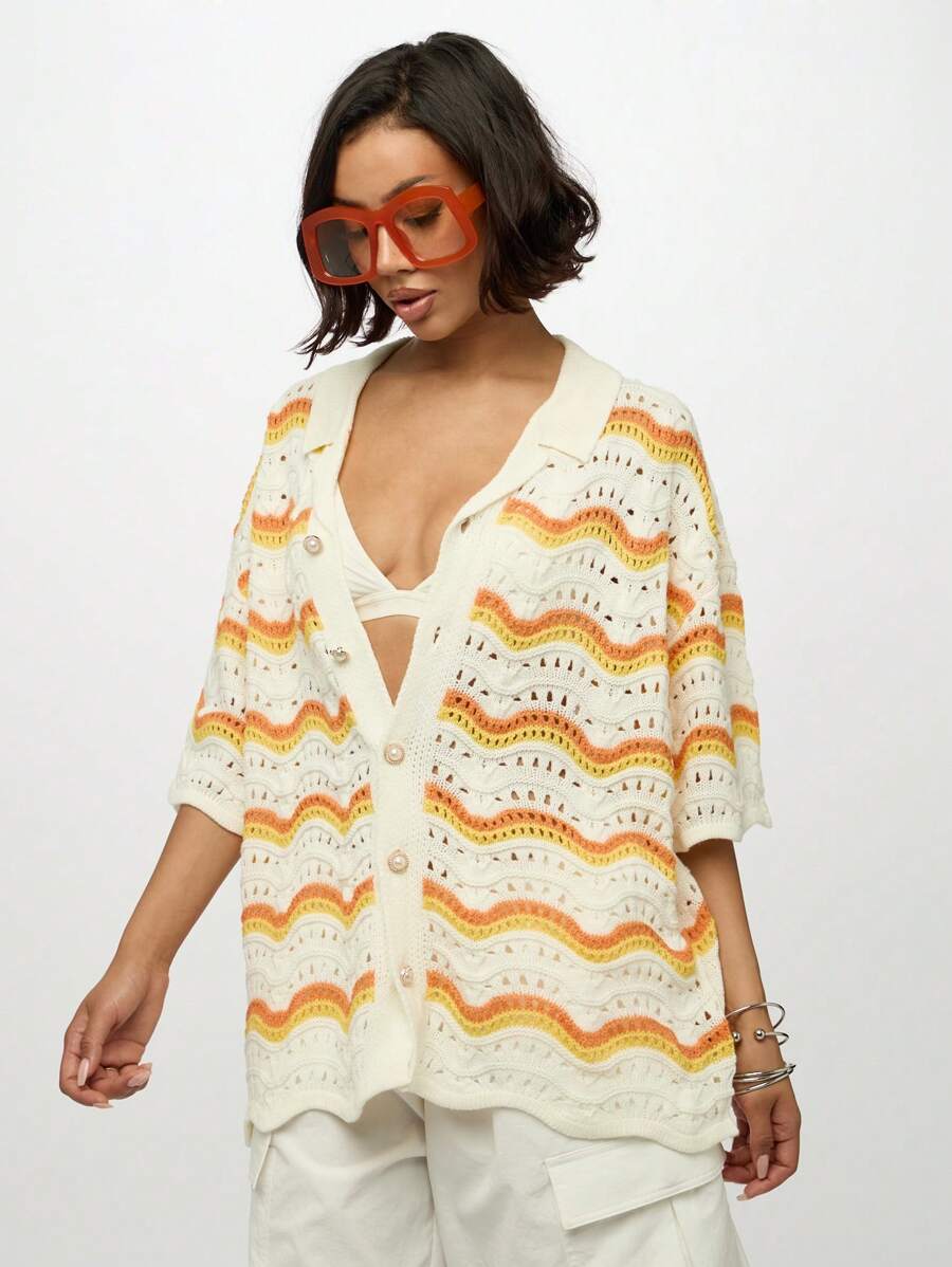 SUMWON WOMEN Wave Pattern Crochet Button Through Cardigan Summer Retro Style Bohemian Knit Sweater With Eyelet Detail Casual Beach Cover Up - Orange - View 1
