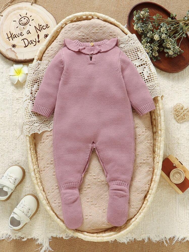 SHEIN Newborn Baby Knitted Romper With Floral Lace Collar, Casual English Letter Intarsia Design, Soft & Adorable Overall Jumpsuit Baby Girl Knit Romper Baby Knit Jumpsuit Little Sister Romper Baby Girl Winter Romper Baby Girl Long Sleeve Romper Newborn Baby Girl Clothes Newborn Knitted Romper Newborn Cozy Knitted Sweater Newborn Autumn And Winter Clothes Little Sister Newborn Baby Pink Bow Baby Outfit Baby Girl Long Sleeve Outfit Newborn Girl Winter Sets Fall - Pink - View 3