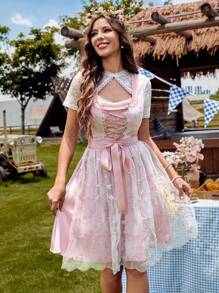 LanaWest 方领编织缎带网眼刺绣围裙连衣裙，春夏，连衣裙