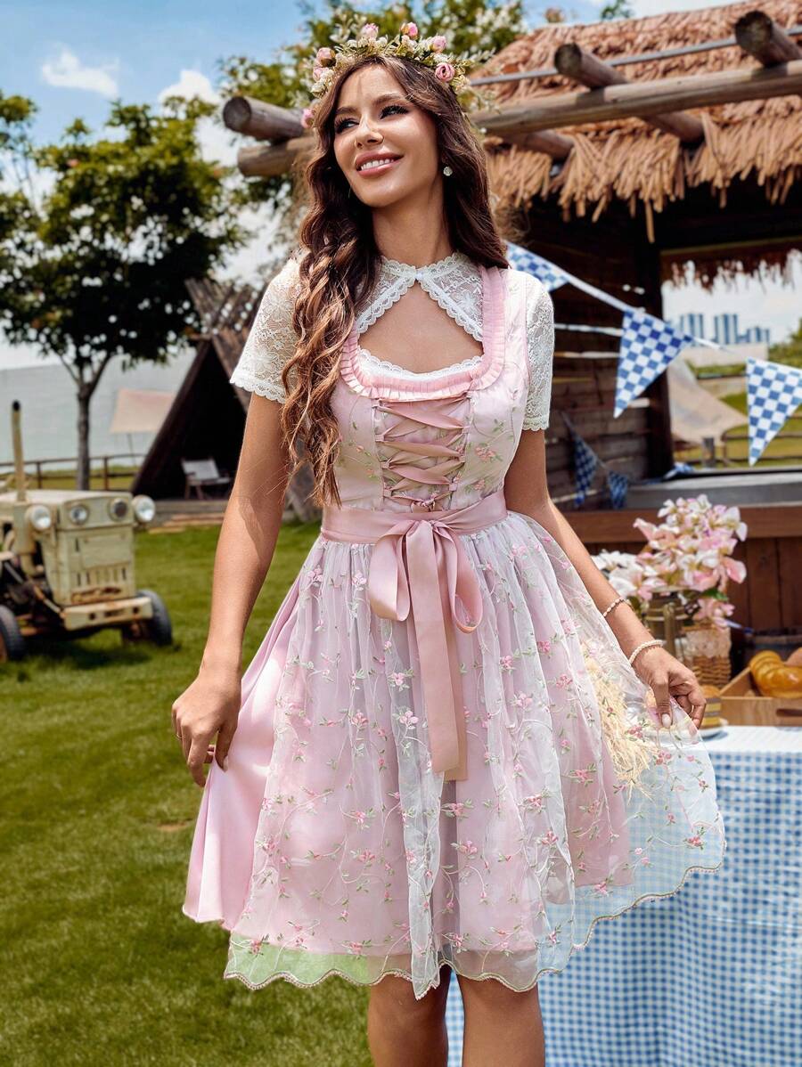 LanaWest 方领编织缎带网眼刺绣围裙连衣裙，春夏，连衣裙